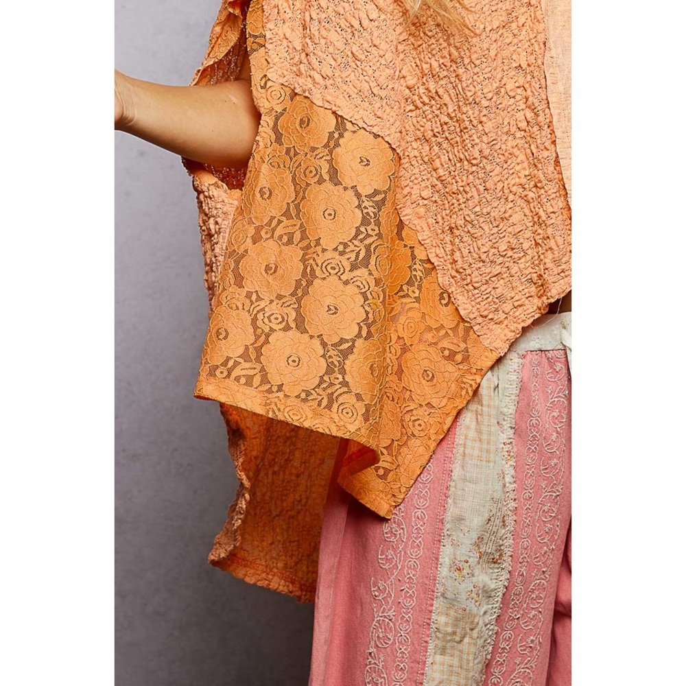 POL Orange Lace Patchwork Knit Top | Oversized V Neck Short Sleeve - Picture 5 of 7